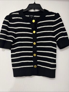 Express Black & White Striped Short-Sleeve Cardigan with Gold Buttons